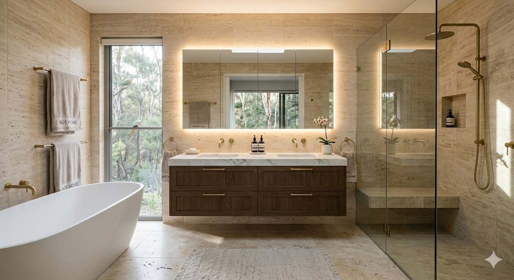 Luxury bathroom renovation — travertine, brass fixtures